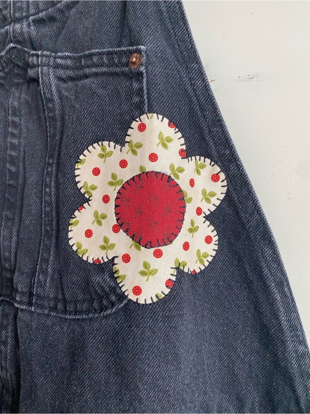 One of a kind upcycled black denim shortalls - Picture 6 of 13